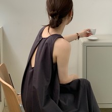 法式无袖棉麻背心连衣裙女夏季薄款后背镂空简约亚麻宽松长裙子潮
