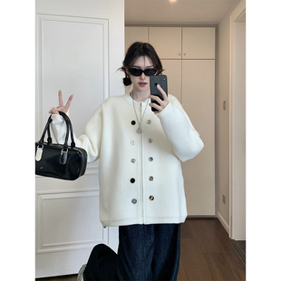 中长款白色小香风拉链毛衣外套女2026冬季慵懒宽松针织开衫上衣厚