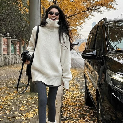 慵懒中长款高领毛衣宽松针织衫厚