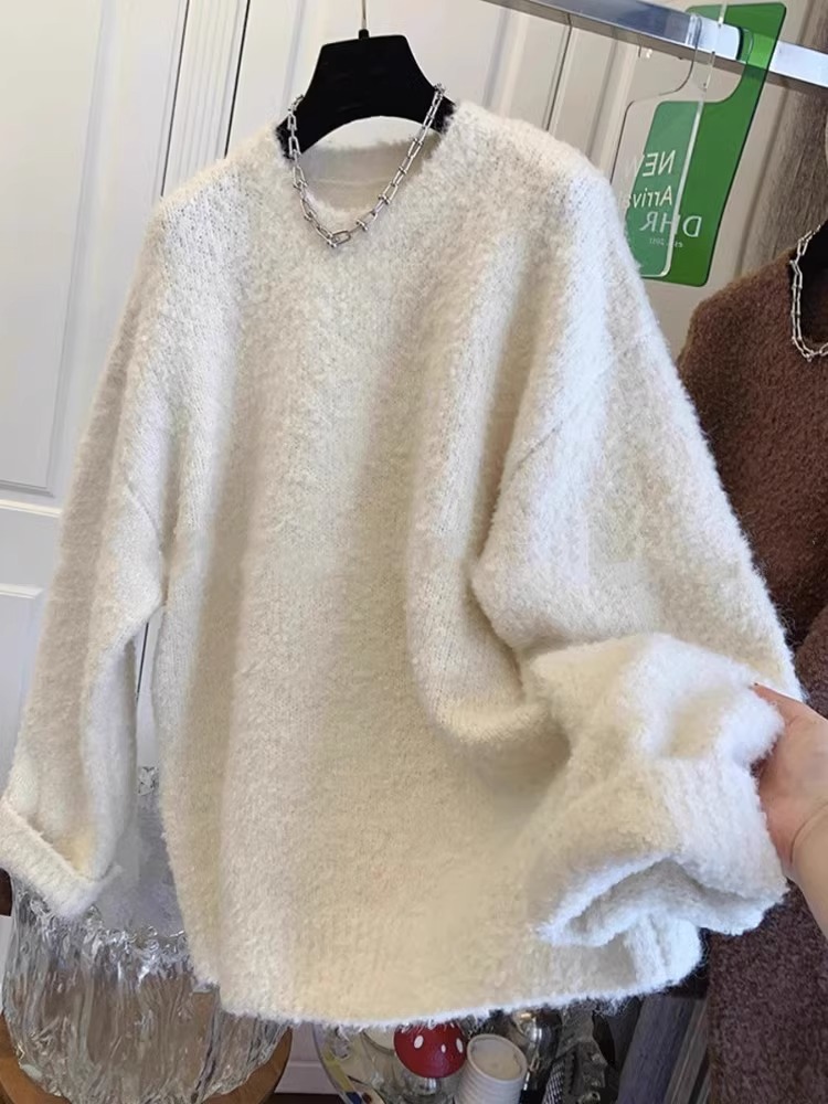 奶杏色软糯毛衣女秋冬季奶fufu高级感宽松慵懒风针织衫遮屁股上衣