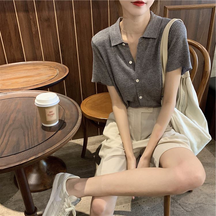 韩系灰色polo领短袖t恤女夏季薄款冰丝针织开衫百搭显瘦打底上衣
