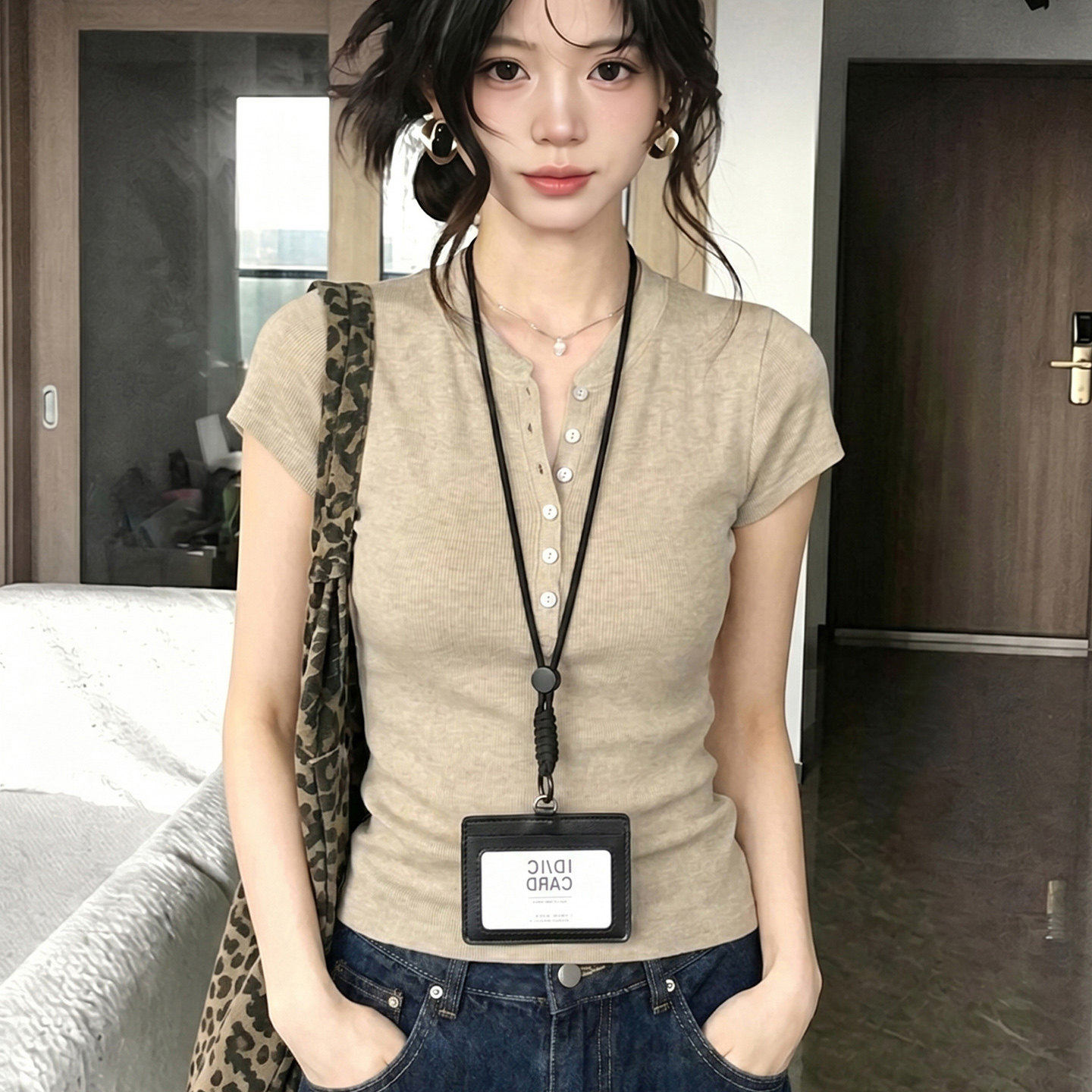 淡人高知正肩亨利领短袖t恤女夏