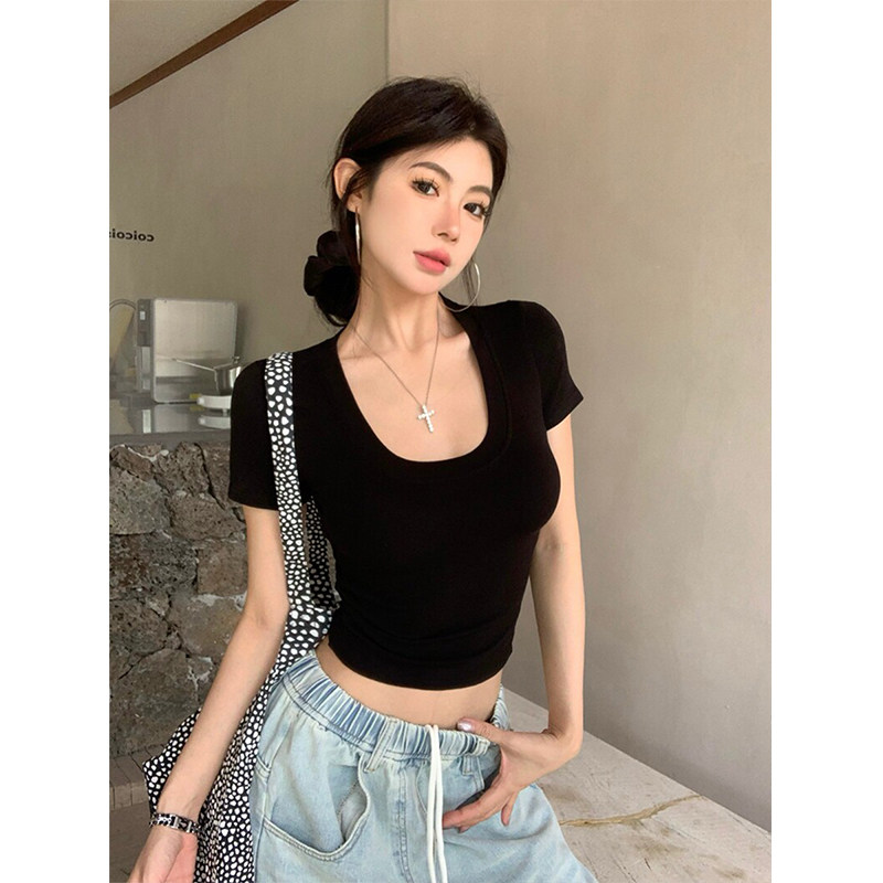 辣妹露腰U领短袖正肩T恤女夏镂空