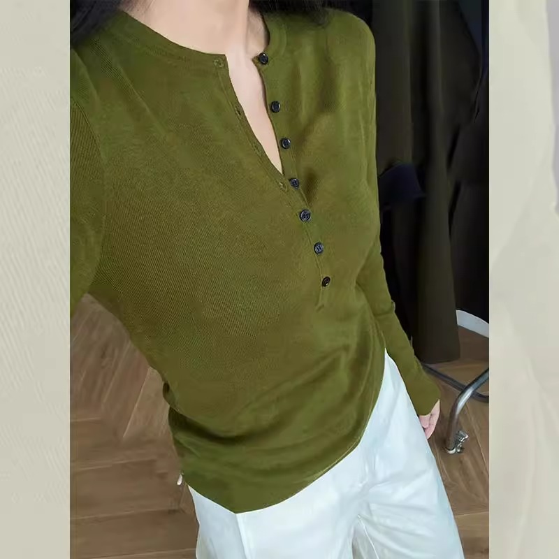复古苔原风绿色半开领针织衫女秋