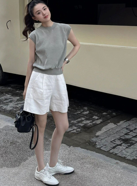 气质灰色圆领冰丝针织短袖t恤女夏季老钱风穿搭小飞袖miu系短上衣