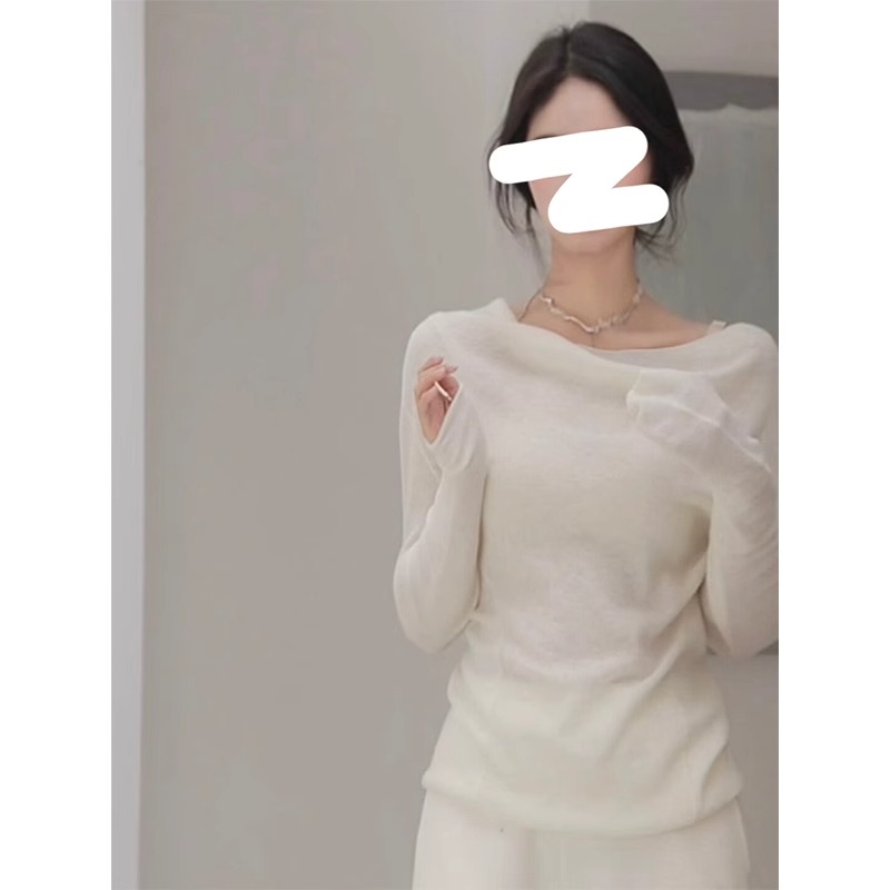 法式白色温柔荡领针织衫女春秋季