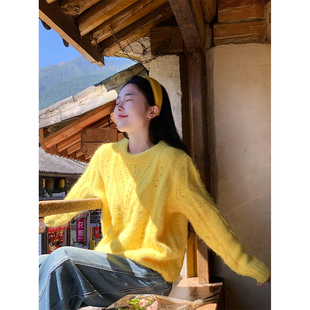 韩系巨好看黄色厚毛衣女秋冬季可外穿内搭慵懒宽松软糯针织衫上衣