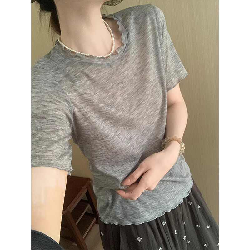 韩系灰色木耳边天丝短袖t恤女夏日穿搭小个子正肩宽松显瘦上衣薄