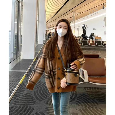 老钱风格子毛衣针织外套女中长款