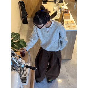 韩系灰色v领松弛感毛衣女秋冬可外穿内搭休闲宽松短款针织衫上衣