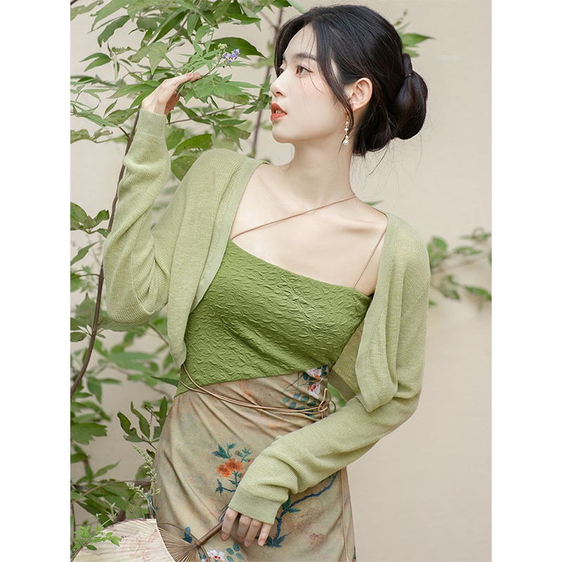 国风绿色外搭防晒针织开衫女披肩