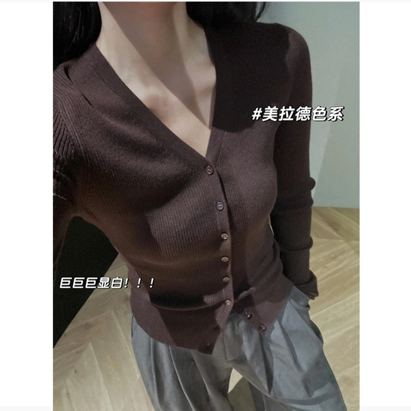 修身v领针织开衫内搭打底短上衣