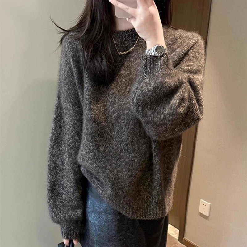 慵懒高级感圆领毛衣加厚针织上衣