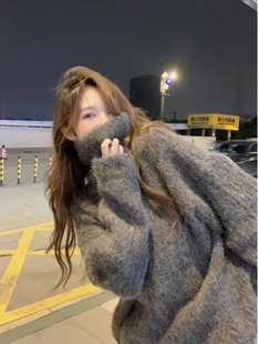 韩系灰色高领马海毛毛衣女秋冬季宽松慵懒风中长款加厚内搭针织衫