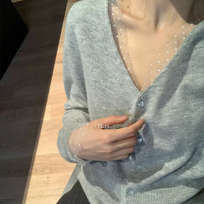 小香风v领蕾丝针织开衫修身上衣