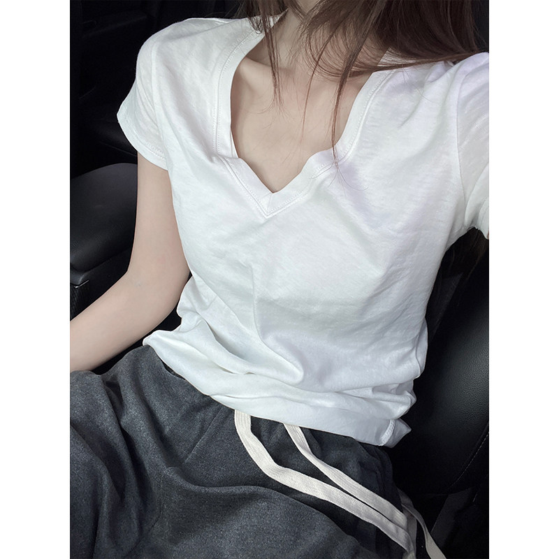 白色V领短袖正肩T恤女夏季薄款女