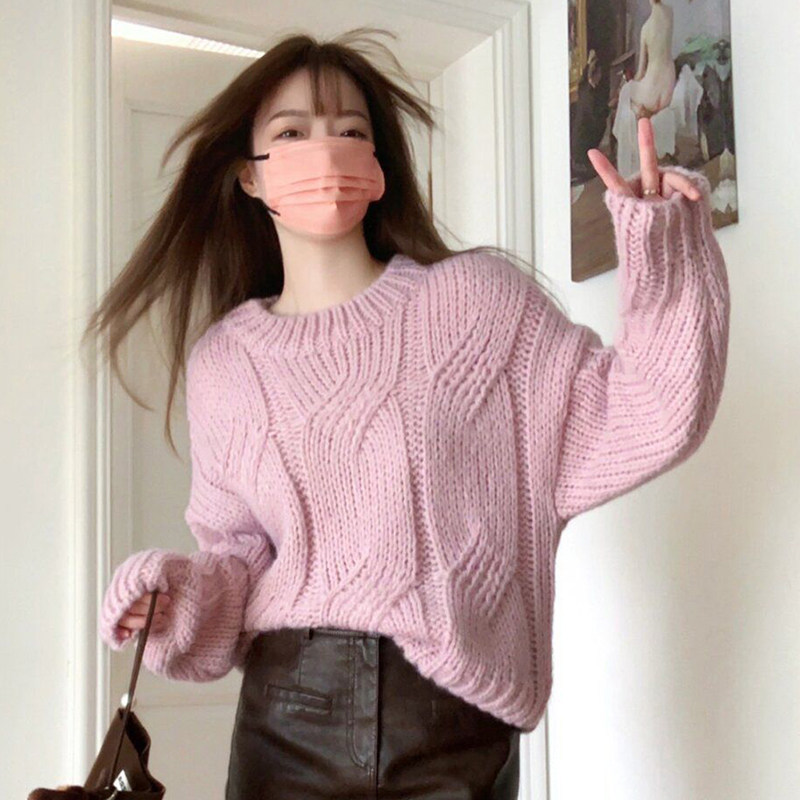 温柔粉色粗针圆领麻花毛衣女秋冬慵懒宽松加厚针织衫内搭打底上衣