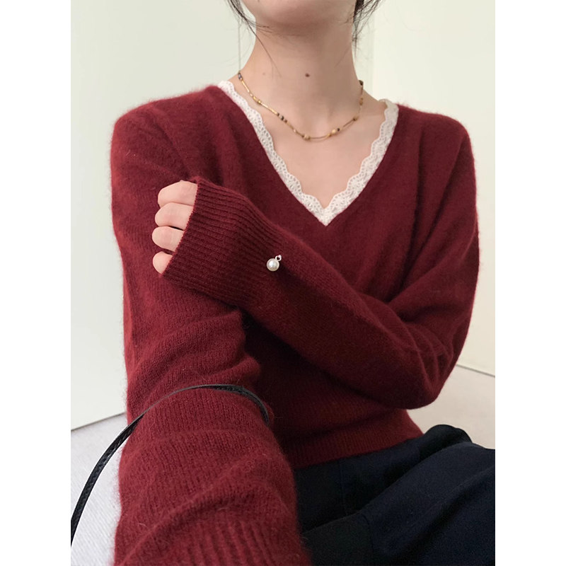 法式圣诞红色V领蕾丝针织衫女秋冬修身收腰打底衫毛衣本命年上衣