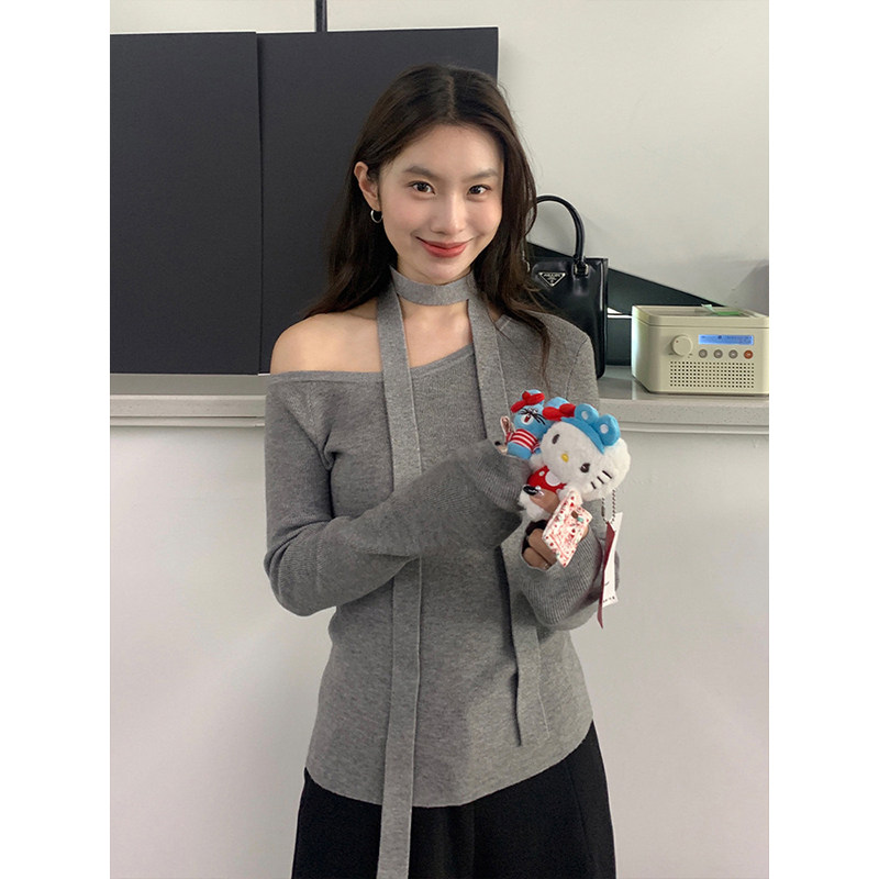 斜肩露肩挂脖针织衫女飘带毛衣秋