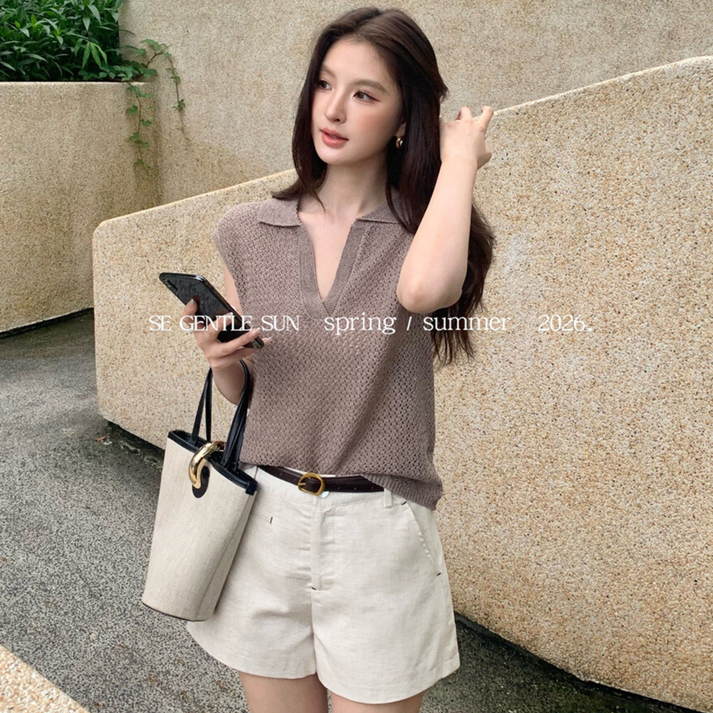 老钱风亚麻polo领针织背心t恤女夏季新贵穿搭v领冰丝镂空无袖上衣