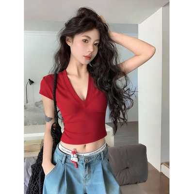 美式短袖辣妹薄款正肩T恤上衣女