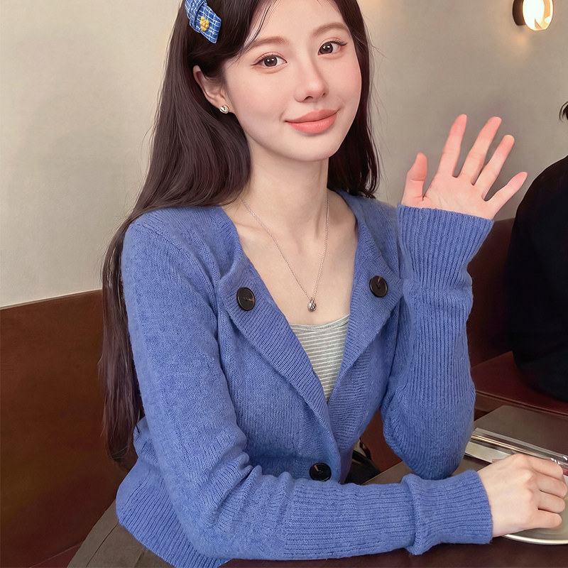 翻领针织开衫收腰显瘦毛衣外套女