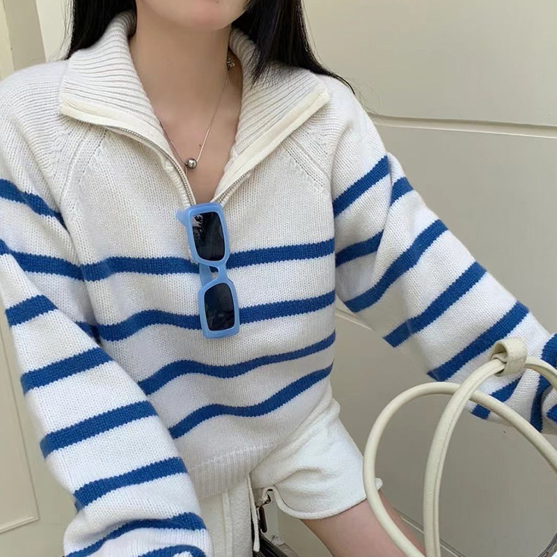 撞色条纹半拉链翻领毛衣针织衫厚