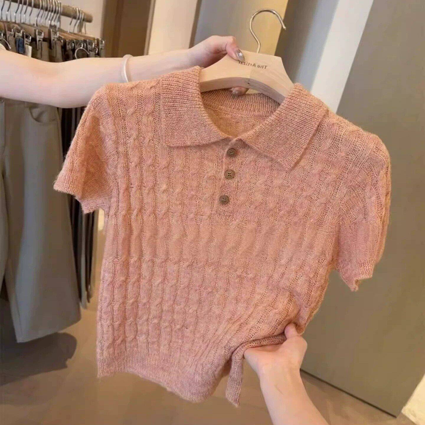 韩系温柔粉色polo领针织短袖女夏季漂亮穿搭修身显瘦麻花t恤上衣