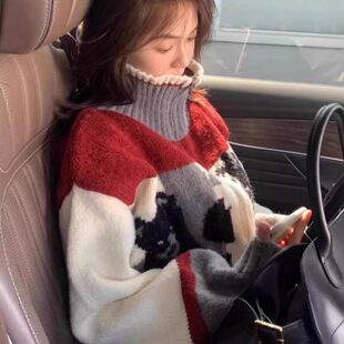 慵懒风费尔岛加厚高领毛衣外套女秋冬氛围感宽松软糯针织开衫上衣