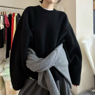 韩系复古黑色外穿毛衣女秋冬慵懒高级感宽松套头针织衫内搭上衣厚