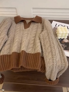 棕色Polo领镂空毛衣女秋冬新款V领设计感小众宽松慵懒风针织上衣