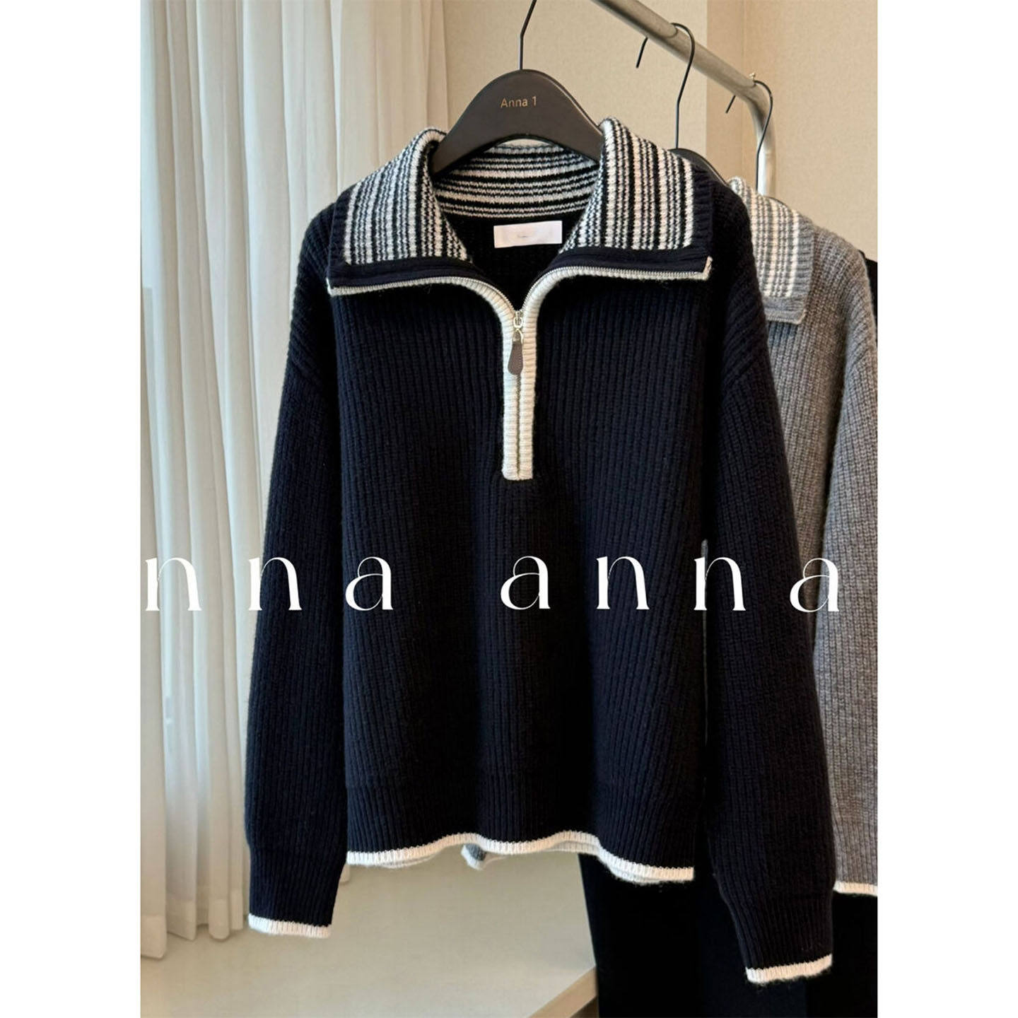 高级感黑色半拉链高领毛衣女秋冬内搭氛围感翻领宽松针织衫上衣厚