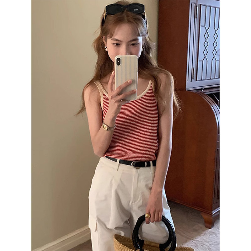 复古红色条纹针织背心女夏季泰式外穿低胸U领小吊带无袖冰丝上衣