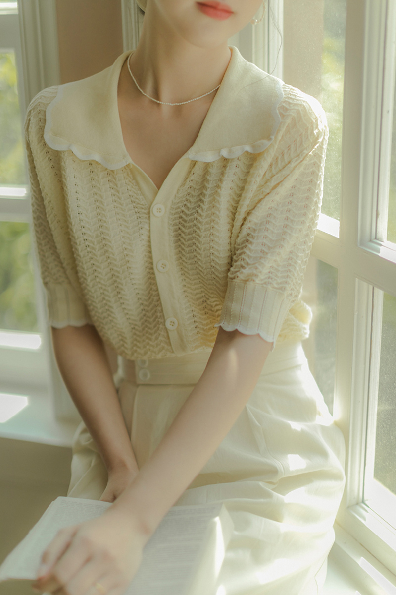 夏季新款法式复古短袖针织开衫女宽松黄色冰丝镂空polo领上衣薄款