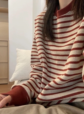 韩系红色条纹圆领针织衫女秋冬慵懒休闲宽松内搭打底长袖卫衣上衣
