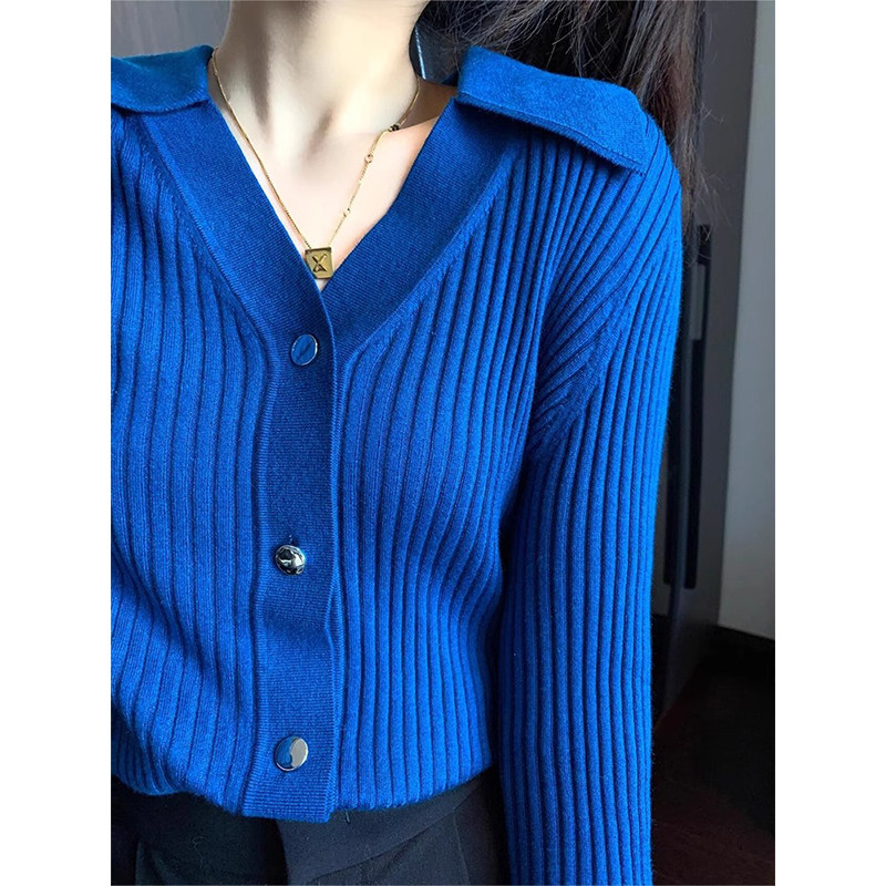 法式克莱因蓝翻领针织开衫女秋冬内搭气质修身毛衣打底衫V领上衣