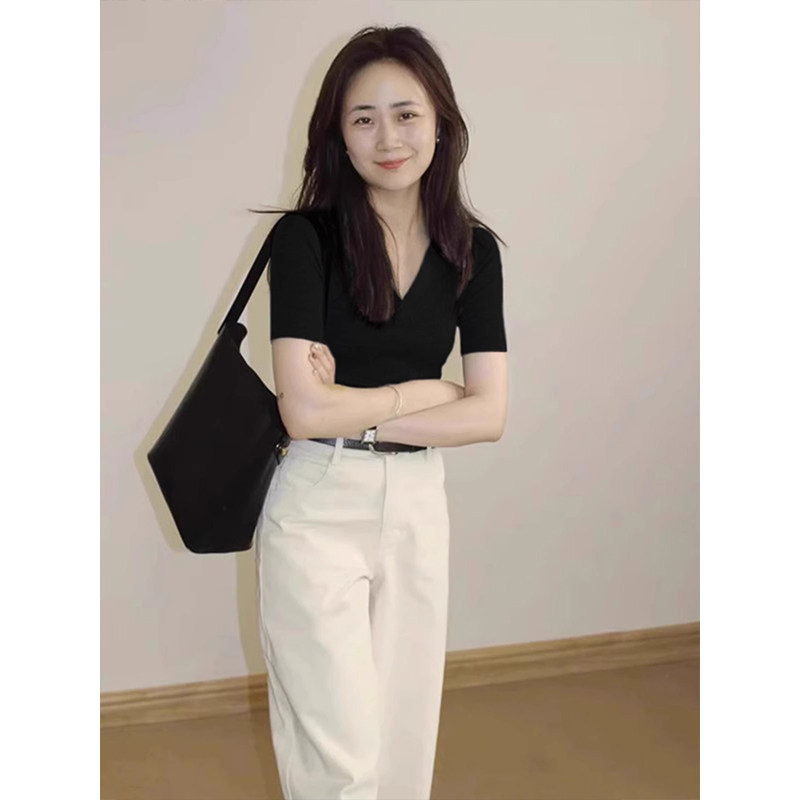 法式Polo领黑色冰丝针织短袖T恤女夏季修身正肩V领半袖体恤上衣薄