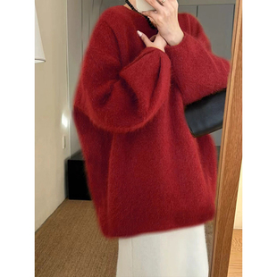 设计感后背扣子复古红色毛衣女秋冬中长款宽松大版针织开衫上衣厚
