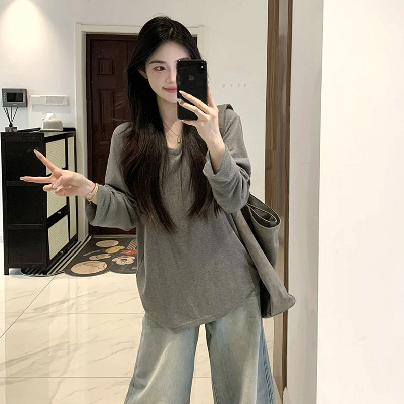 韩系灰色v领长袖t恤女春秋季松弛感慵懒宽松内搭打底罩衫外穿上衣
