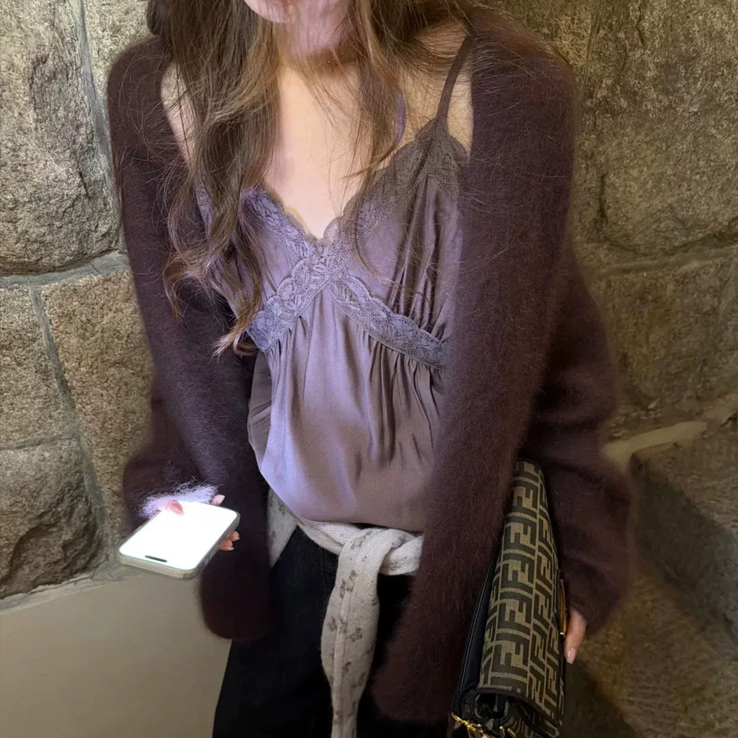 韩系葡萄紫马海毛毛衣外套女秋冬