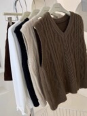 日系复古针织马甲背心女秋冬季 V领无袖 坎肩打底麻花毛衣内搭上衣