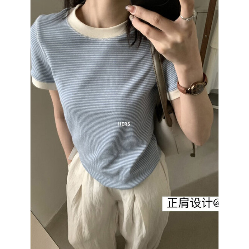 韩系蓝色条纹撞色圆领短袖t恤女夏季穿搭小个子修身短款正肩上衣