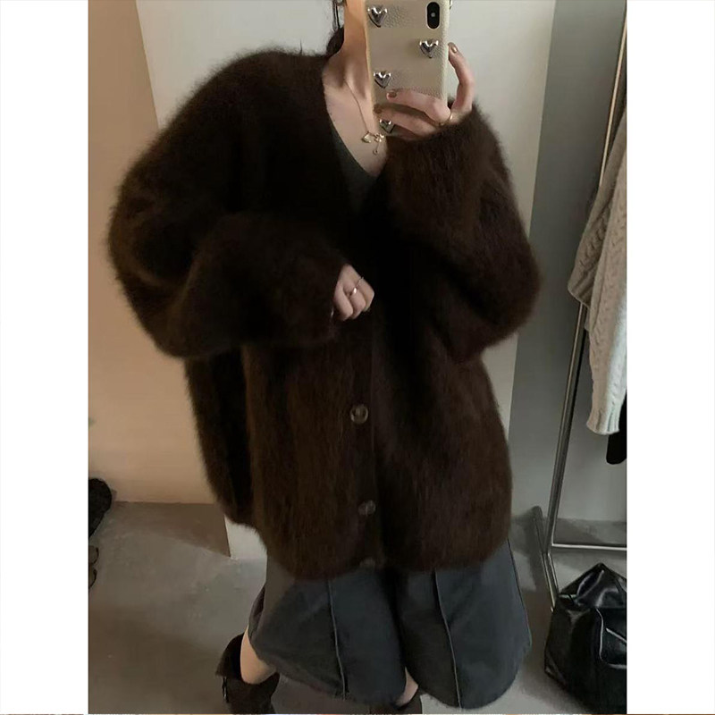 老钱风v领水貂绒毛衣外套针织衫