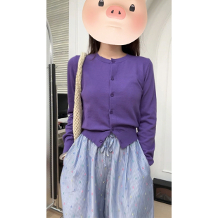 韩系紫色针织外套女小开衫秋季新款修身短款长袖薄款毛衣内搭上衣