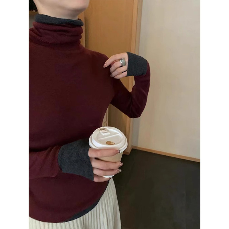 韩系假两件高领打底衫女秋冬短款内搭修身针织毛衣高级感红色上衣