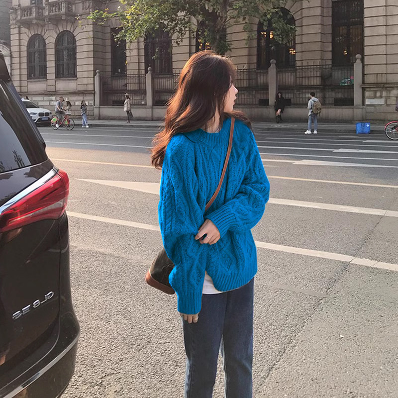 克莱因蓝色麻花毛衣套头女针织衫