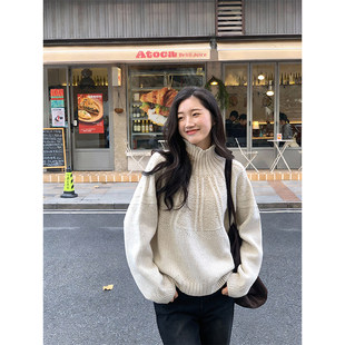 米杏色复古粗线高领麻花毛衣女秋冬慵懒高级感加厚针织衫内搭上衣