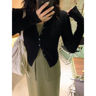 小香风黑色短款针织外套女2025秋季高级感修身毛衣开衫外搭小上衣