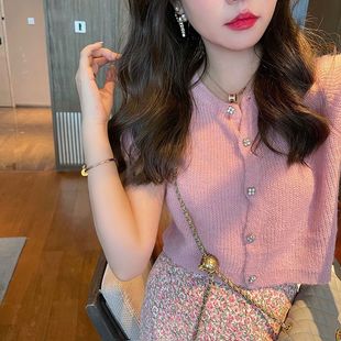 马海毛薄款圆领针织开衫女2025夏季短袖毛衣女粉色温柔风洋气上衣