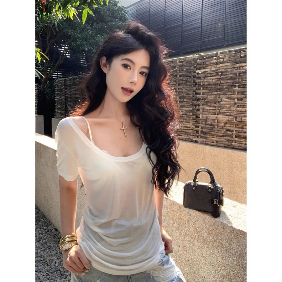 纯欲大领口白色短袖t恤女夏季辣妹u领修身薄款微透松弛感低领上衣